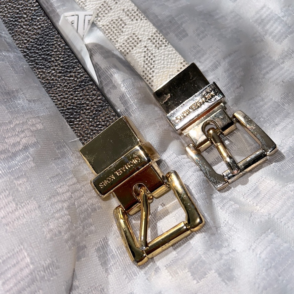 Michael Kors designer 2 belts brown and white gold buckle MK symbol size Medium